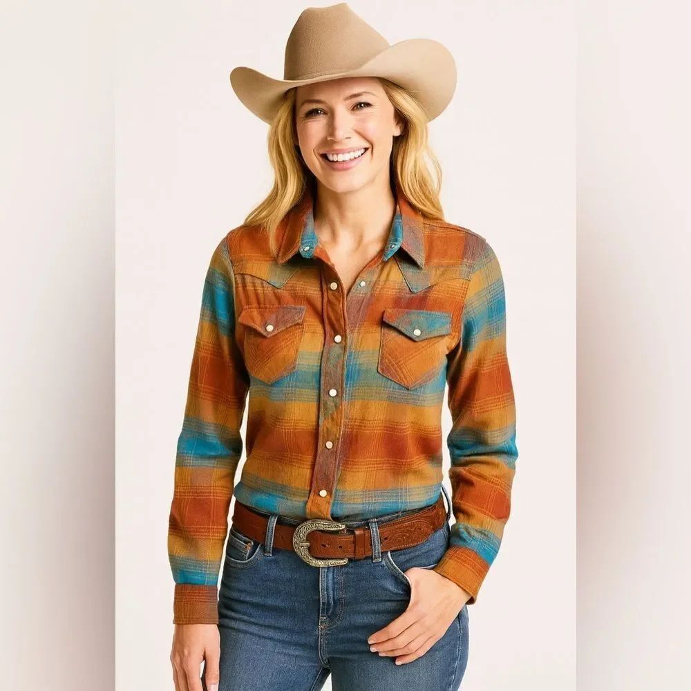 Miranda Lambert Idyllwind Rust and Teal Plaid Button-Up NWOT